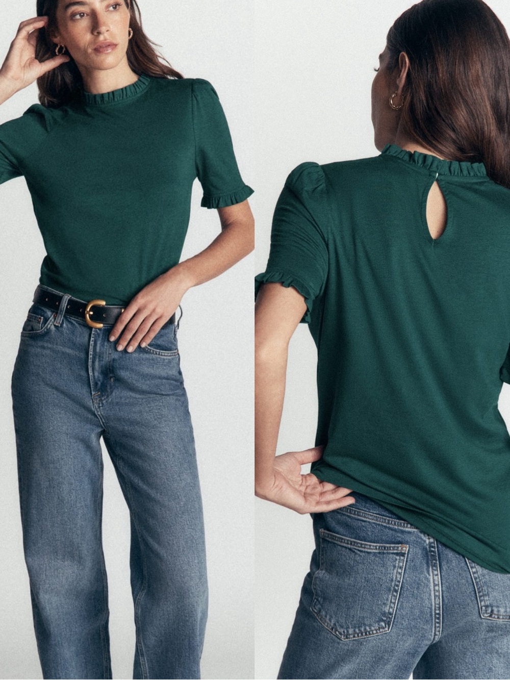 Boden Supersoft Frill Detail Puff Sleeve T-Shirt Sea Moss Sz 20/22 💚🍄